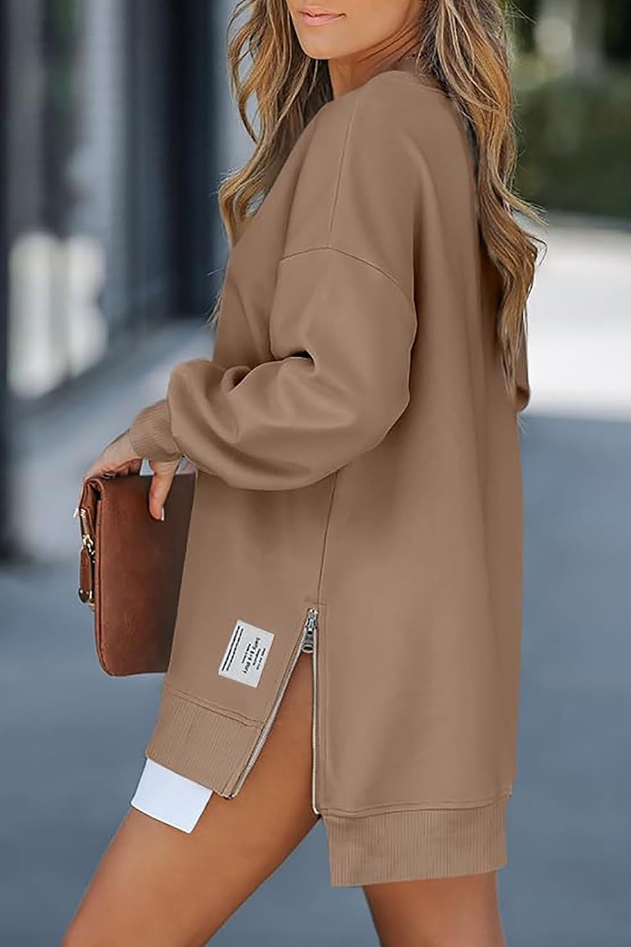 Zip-up Slit Hem Fake Two-piece Sweatshirt