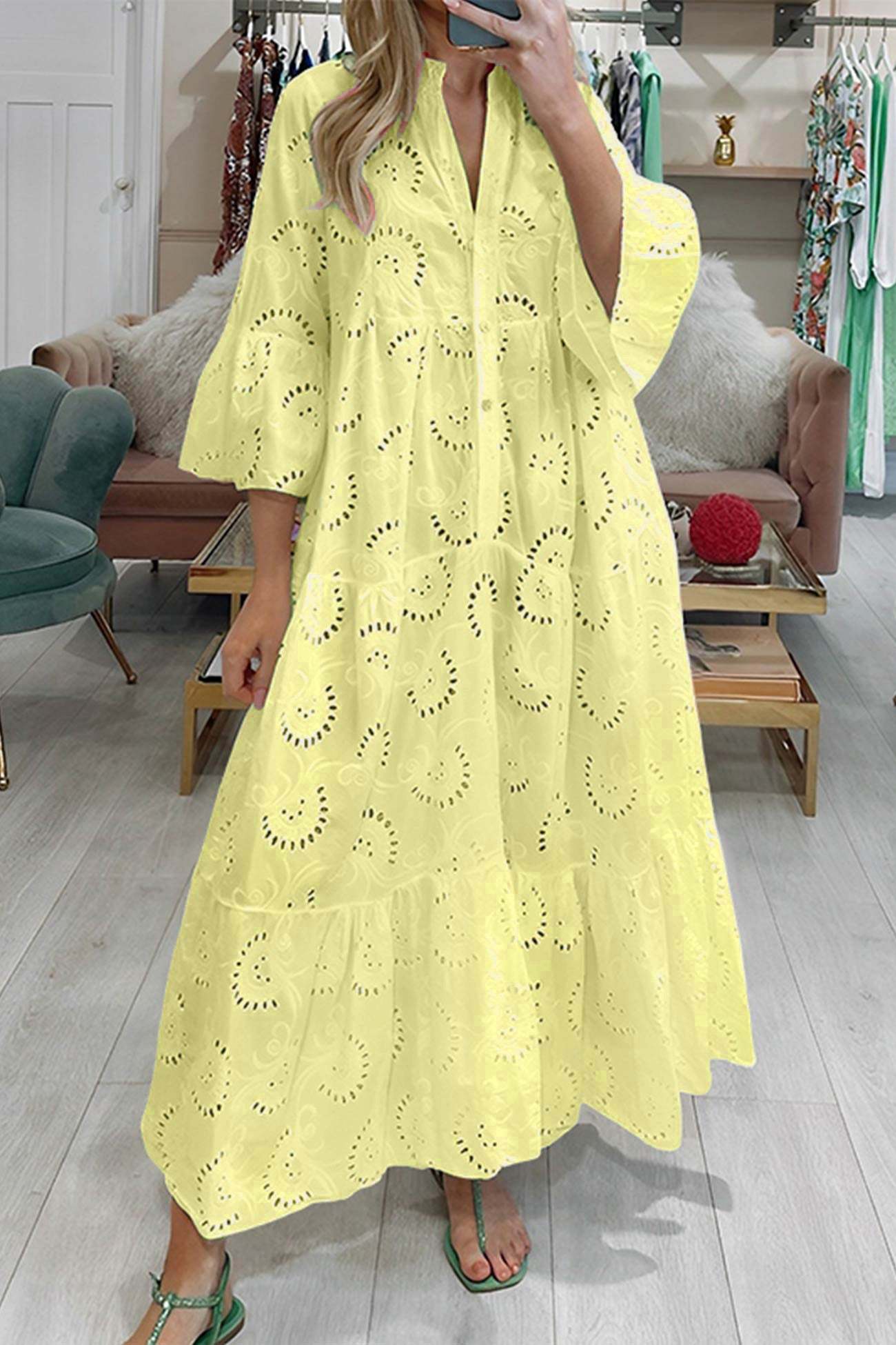 V Neck Flares Sleeve Embroidery Cotton Dress