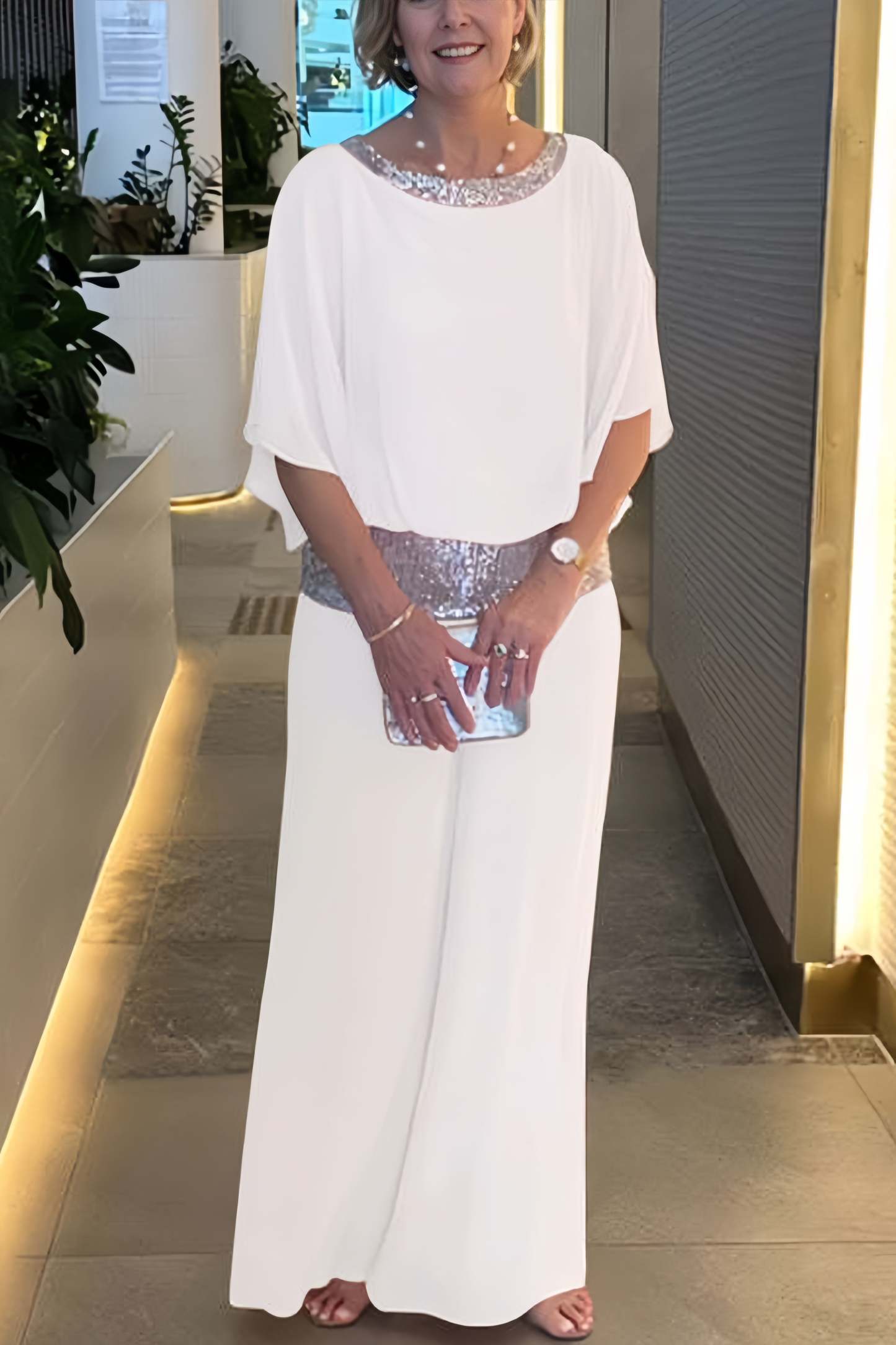 Sequins Patchwork Bat Sleeve Tops Pants Suits