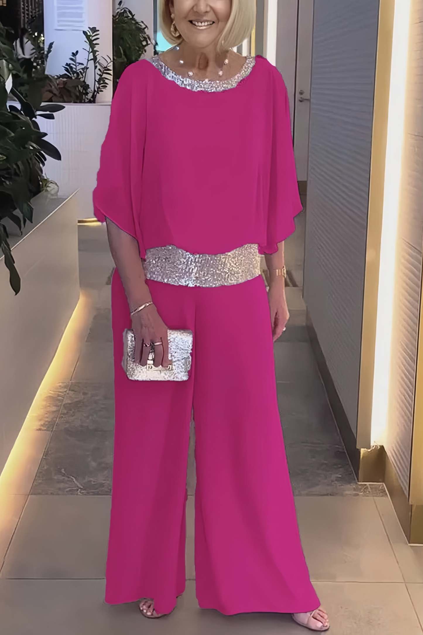 Sequins Patchwork Bat Sleeve Tops Pants Suits