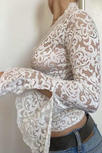 Lace V Neck Flares Sleeve Tops