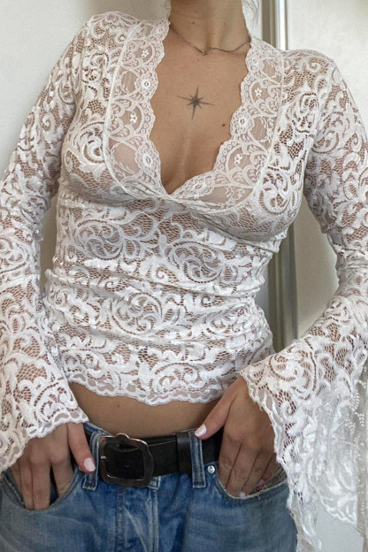 Lace V Neck Flares Sleeve Tops