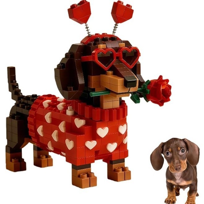 Exklusives Valentinstagsgeschenk: Dackel-bausteinset – Romantisches Welpen-design – Diy-bausteinset Für Sie Und Ihn - namenecklacede