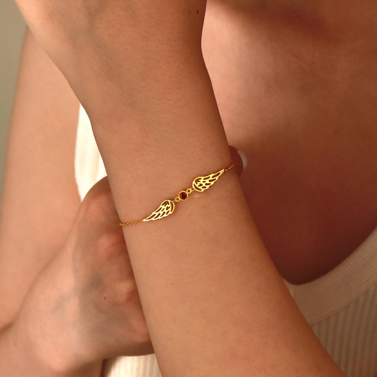 Personalisiertes Geburtsstein-engelsflügel-armband Mit Individuellem Geburtsmonats-edelstein, Verstellbares Armband Mit Schutzengelflügel Und Geburtsstein-anhänger - namenecklacede