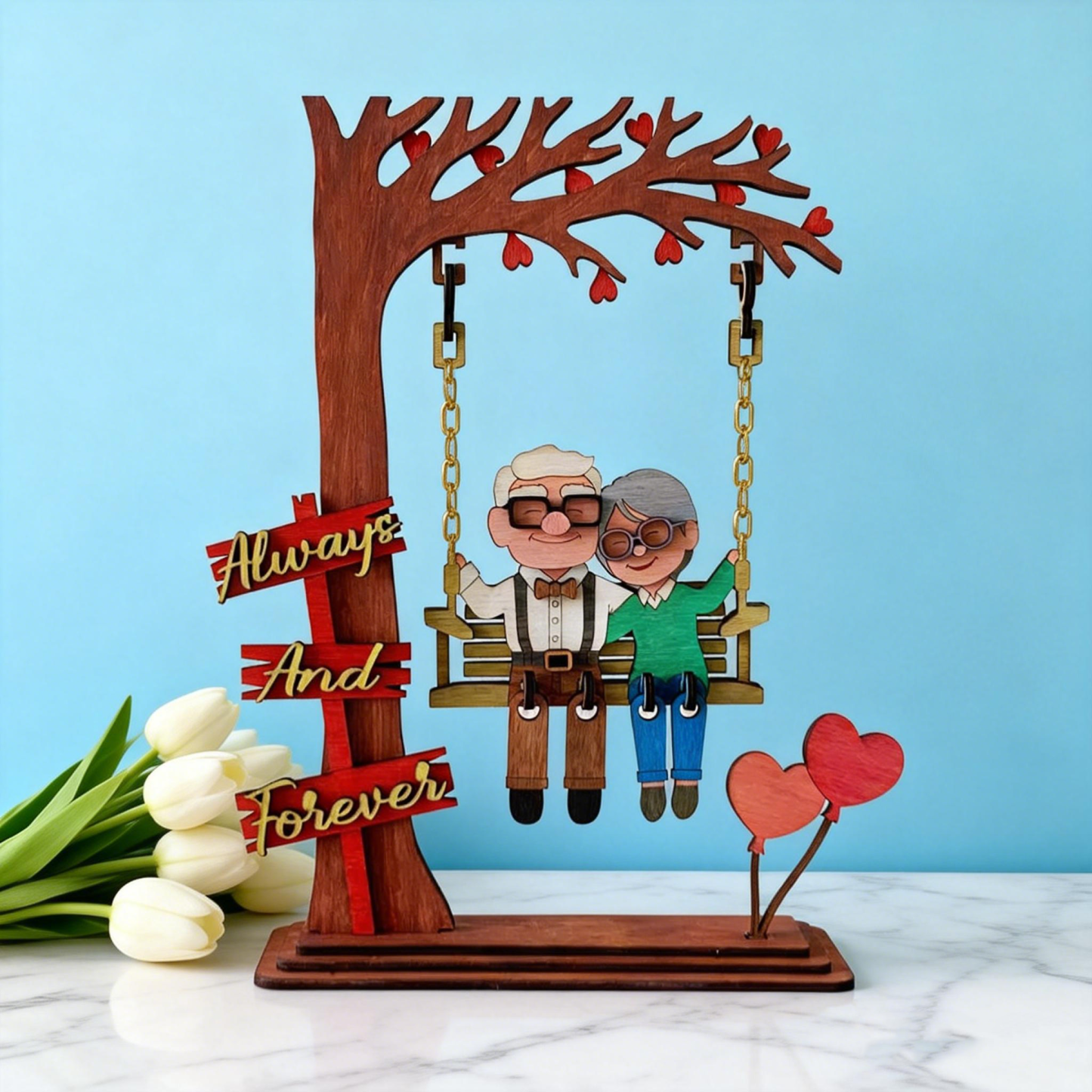 Gemeinsam Alt Werden – Personalisiertes Foto Als Cartoon-paar Auf Einer Schaukel – Tischdekoration Aus Holz – Valentinstags-holzkunst - namenecklacede