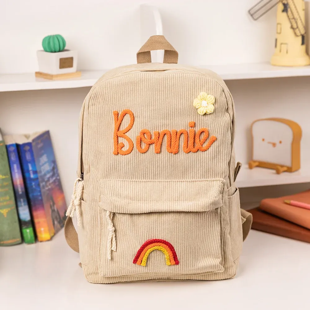 Personalisierter Cord-rucksack Mit Geflochtenem Blumenmuster Und Regenbogen-namensmotiv Für Kinder Und Kleinkinder – Ideal Als Geschenk Zum Schulanfang, Kindergarten Oder Geburtstag Für Jungen Und Mädchen. - namenecklacede
