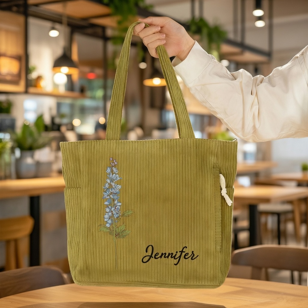 Personalisierte Cord-tragetasche Mit Geburtsblume Und Namen, Große Tasche Mit Reißverschluss Und Seitentaschen, Ideales Geschenk Für Sie - namenecklacede