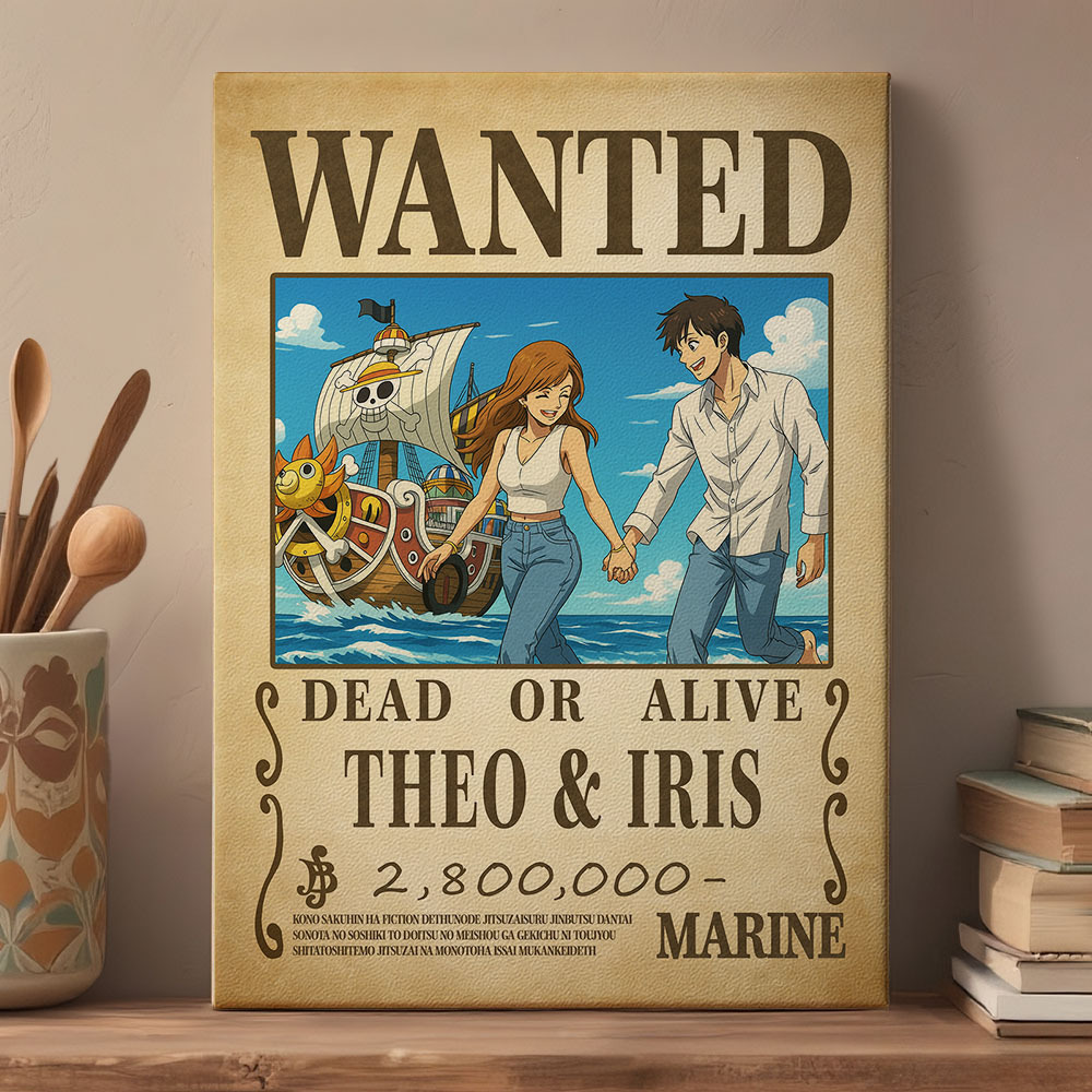 Individuelles Anime-kopfgeld-paarporträt, Personalisiertes Steckbrief-porträt Im Anime-stil, Einzigartiges Kapitänspaarporträt - namenecklacede