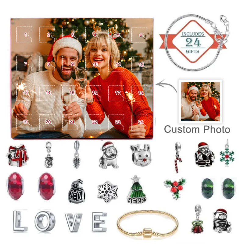 Personalisierter Fotoschmuck, Adventskalender, Foto-charm, Überraschungs-blindbox-armband, 24 Kalender-countdown-geschenkbox-armband Für Weihnachten - ihrenamenskettede