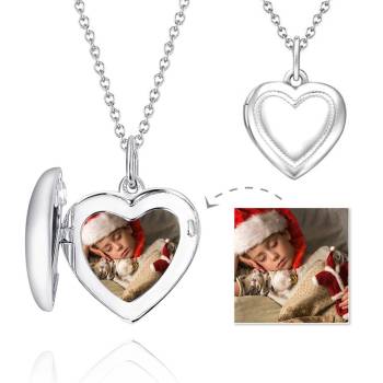 Heart Printing Photo Locket Necklace With Engraving Platinum Plated For Mom