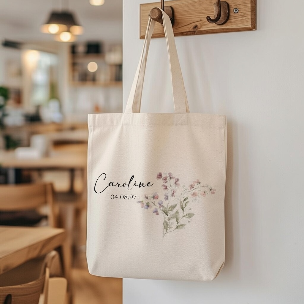 Personalisierte Tragetasche Aus Canvas Mit Geburtsblumenstrauß, Individuell Gestaltet Mit Namen Und Datum – Ein Umweltfreundliches Geschenk Für Sie. - namenecklacede