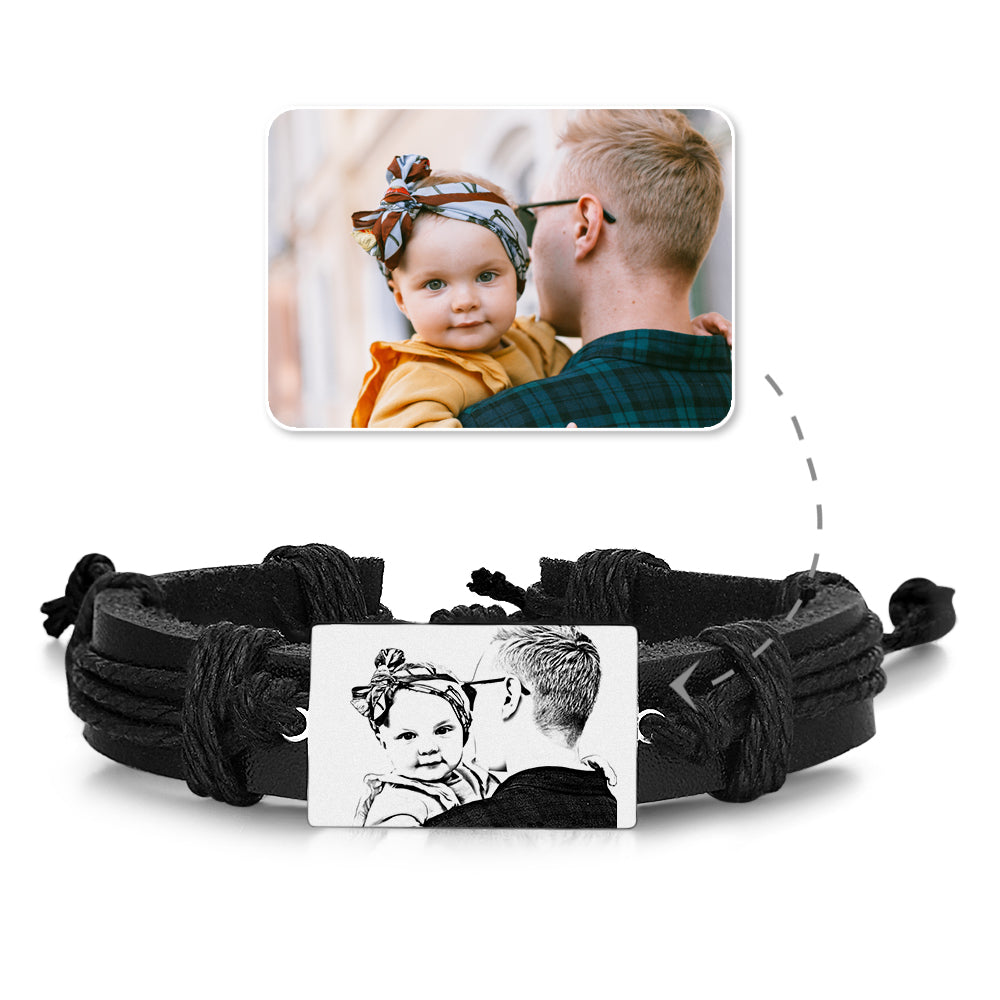 Men's Rectangle Photo Engraved Tag Bracelet Black Leather Strap Gift For Dad