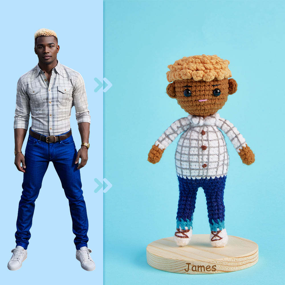 Ganzkörper Anpassbare 1-personen-häkelpuppe, Personalisierte Geschenke, Handgewebte Minipuppen – Kariertes Hemd Für Jungen - ihrenamenskettede