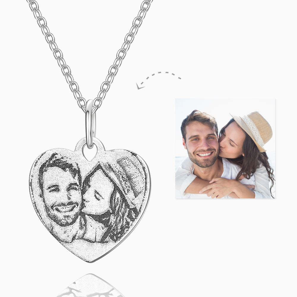Engraved Heart Shadow Carving Photo Necklace Silver