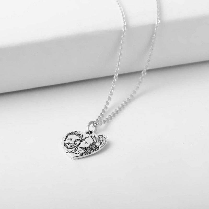 Engraved Heart Shadow Carving Photo Necklace Silver