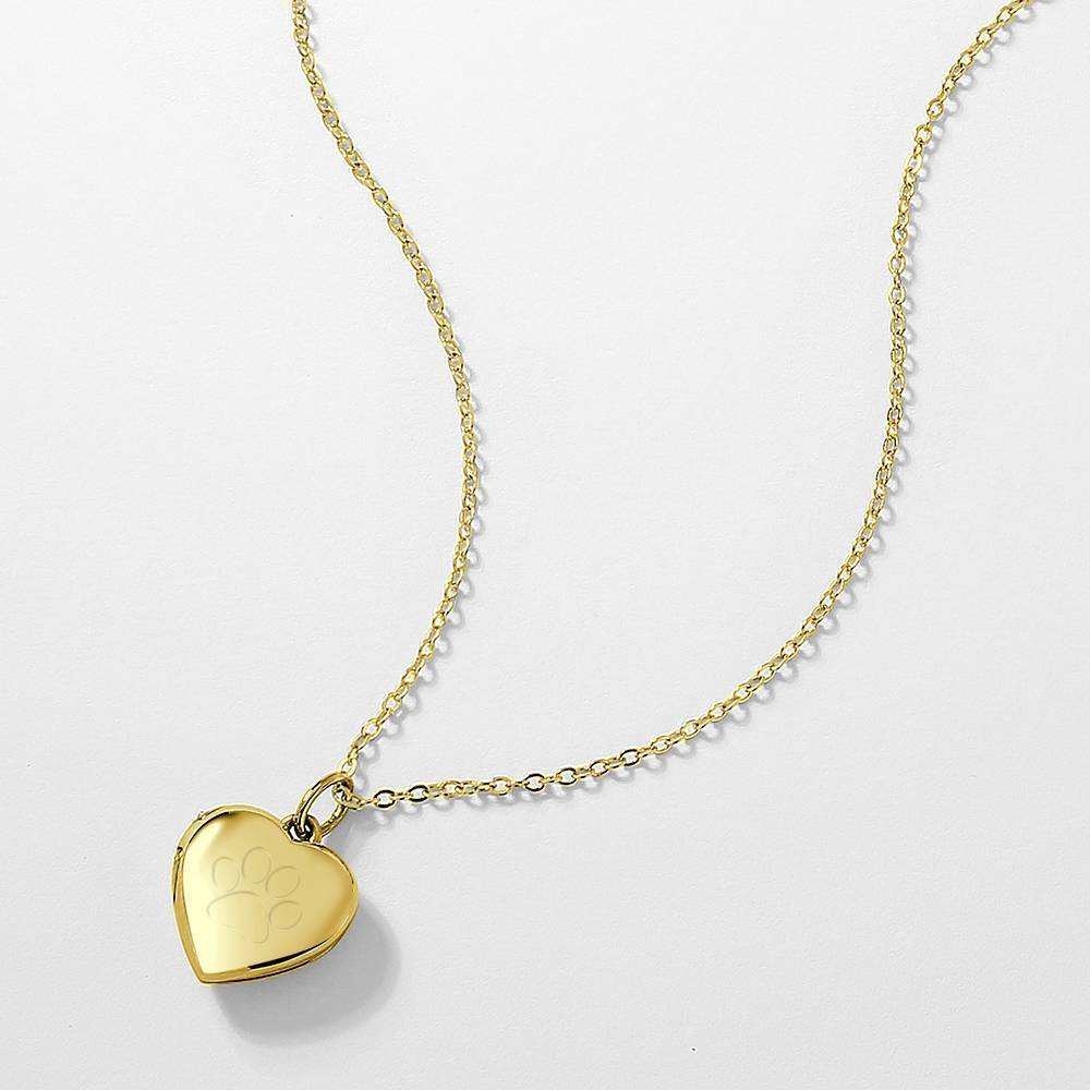 Pawprint Heart Engraved Photo Necklace 14k Gold Plated Silver