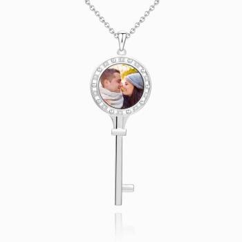 Key Photo Necklace With Cz Platinum Plated Silver