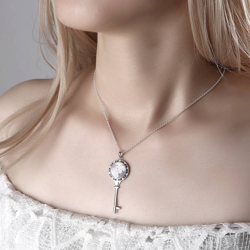 Key Photo Necklace With Cz Platinum Plated Silver