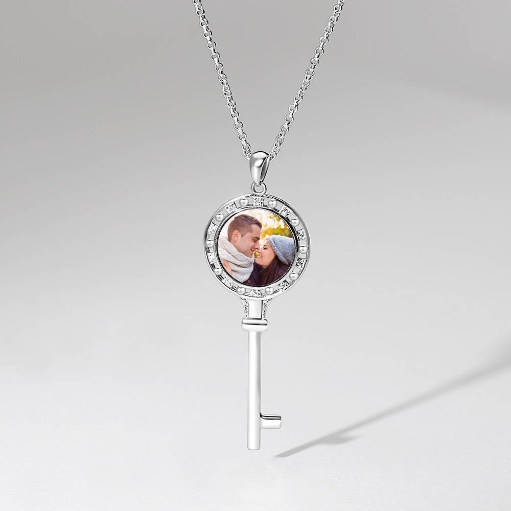 Key Photo Necklace With Cz Platinum Plated Silver