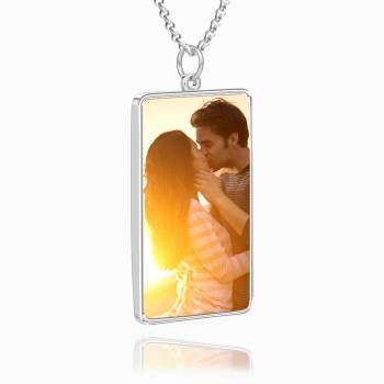 Engraved Rectangle Tag Photo Necklace Silver