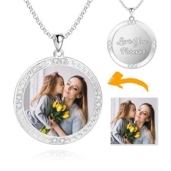 Herren Personalisiertes Foto Graviert Halskette, Strass Kristall Runde Form Foto Halskette Platin Plattiert Silber - Colorful