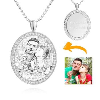 Frauen Personalisierte Foto Graviert Halskette, Strass Kristall Oval Form Foto Halskette Platin Plattiert Silber - Skizze