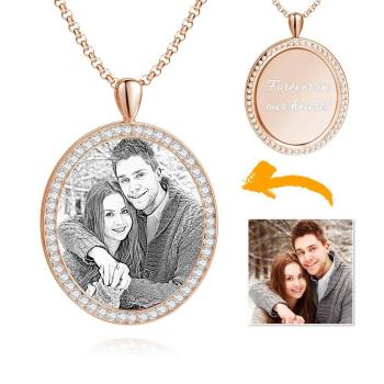 Damen Personalisierte Foto Graviert Halskette, Strass Kristall Oval Form Foto Halskette Rose Gold Plattiert - Skizze
