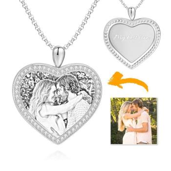 Frauen Personalisierte Foto Graviert Halskette, Strass Kristall Herzform Foto Halskette Platin Plattiert Silber - Skizze