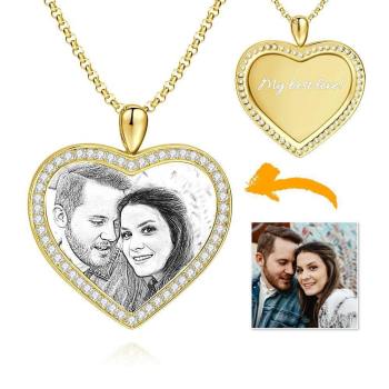 Frauen Personalisierte Foto Graviert Halskette, Strass Kristall Herzform Foto Halskette 14K Gold Vergoldet Golden - Skizze