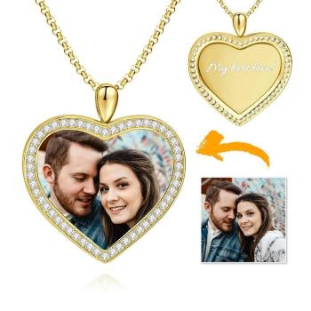 Frauen Personalisierte Foto Graviert Halskette, Strass Kristall Herzform Foto Halskette 14K Gold Plattiert Golden - Bunt