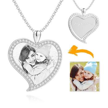 Frauen Personalisierte Foto Graviert Halskette, Strass Kristall Liebe Herzform Foto Halskette Platin Plattiert Silber - Skizze
