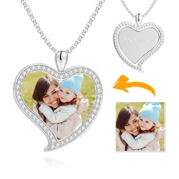 Damen Personalisiertes Foto Graviert Halskette, Strass Kristall Liebe Herzform Foto Halskette Platin Plattiert Silber - Colorful