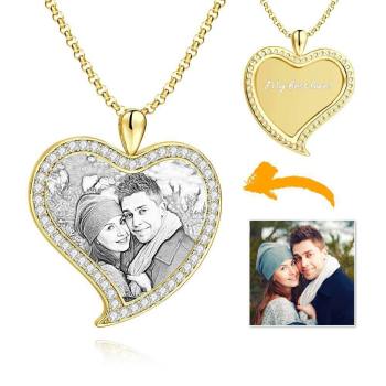 Damen Personalisierte Foto Graviert Halskette, Strass Kristall Liebe Herzform Foto Halskette 14K Gold Plattiert Golden - Skizze