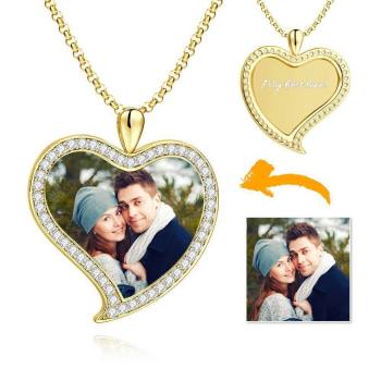 Damen Personalisierte Foto Graviert Halskette, Strass Kristall Liebe Herzform Foto Halskette 14K Gold Vergoldet Golden - Colorful