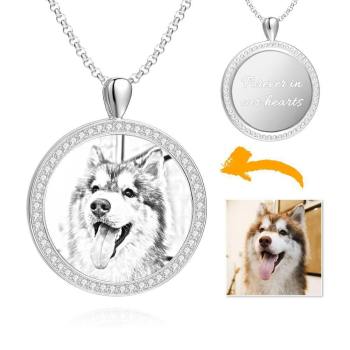 Frauen Personalisierte Foto Graviert Halskette, Strass Kristall Runde Form Foto Halskette Platin Plattiert Silber - Skizze