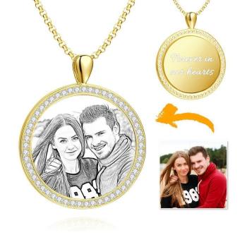 Frauen Personalisierte Foto Graviert Halskette, Strass Kristall Runde Form Foto Halskette 14K Gold Vergoldet Golden - Skizze