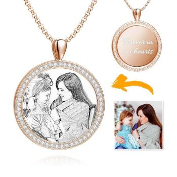 Damen Personalisierte Foto Graviert Halskette, Strass Kristall Runde Form Foto Halskette Rose Gold Plattiert - Skizze