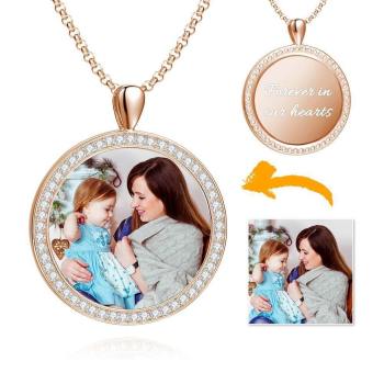 Damen Personalisierte Foto Graviert Halskette, Strass Kristall Runde Form Foto Halskette Rose Gold Plattiert - Colorful