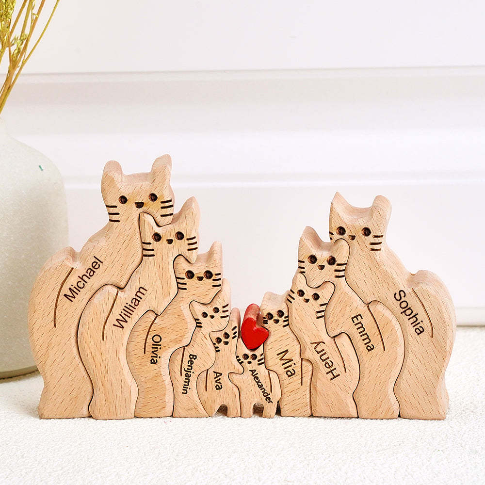 Holzkatzen Familie Individuelle Namen Puzzle Home Decor Geschenke - ihrenamenskettede