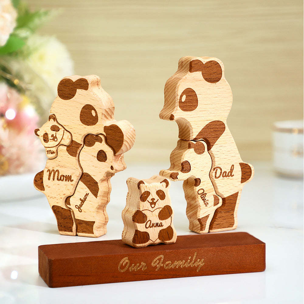 Benutzerdefinierte Namen Holz Pandas Familie Block Puzzle Home Decor Geschenke - ihrenamenskettede