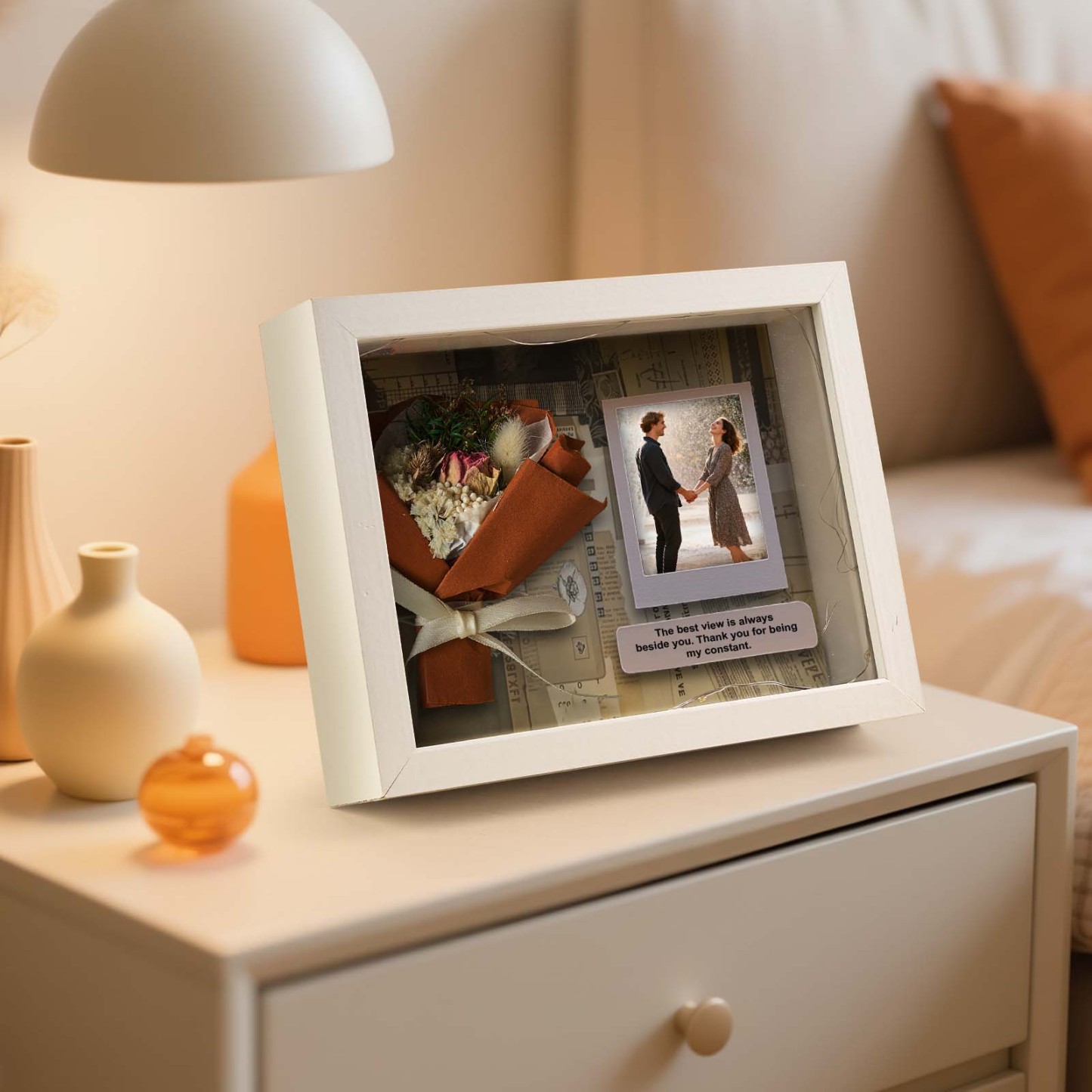 Personalisierter Mini-blumenstrauß Mit Foto Und Nachricht, Individuell Bedruckter Led-schattenkasten Mit Trockenblumen – Das Perfekte Geschenk Für Sie - namenecklacede