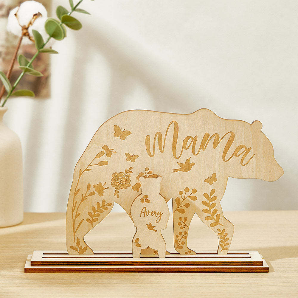 Personalisierter Mama Bär Mit Jungtieren, Holz-schreibtischdekoration, Geschenk Für Mama - ihrenamenskettede