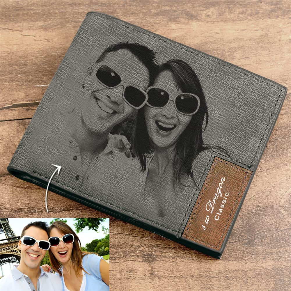 Herren Foto Gravierte Bifold Foto Brieftasche - Gray Leather