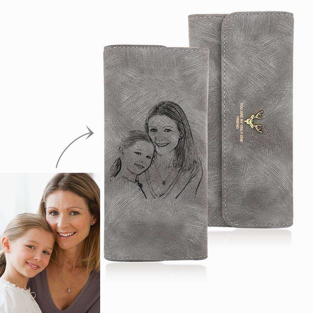 Women's Photo Engraved Trifold Photo Wallet - Grey Leather