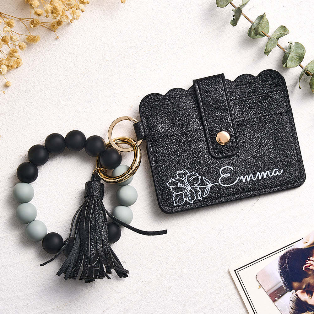 Personalisierte Geburtsblumen-geldbörse Aus Leder Mit Perlenarmband, Geschenk Für Sie - ihrenamenskettede