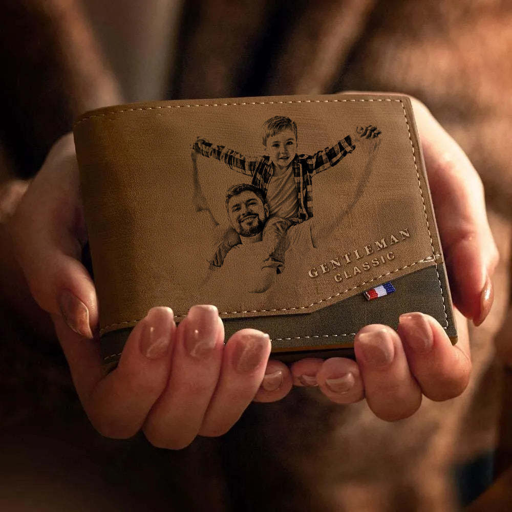Personalisiertes Portemonnaie Mit Foto-gravur, Klassisches Herren-bifold-portemonnaie Aus Leder Mit Individueller Aufschrift, Foto-leder-geldbörse Für Männer – Kaffeefarbenes Leder Für Männer Zum Vatertag