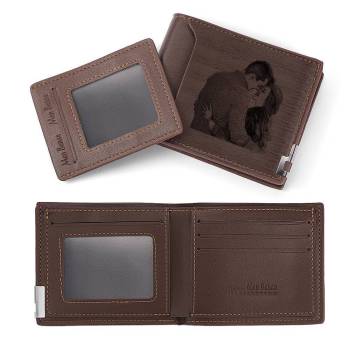 Engraved Short Style Photo Wallet - Light Brown Leather