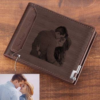 Engraved Short Style Photo Wallet - Light Brown Leather