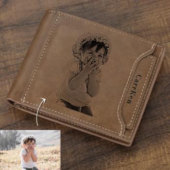 Engraved Short Style Trifold Photo Wallet - Brown Leather