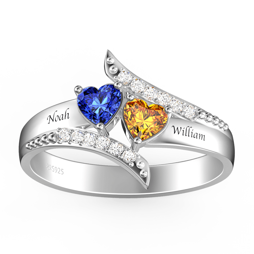 Double Row Diamonds Heart Birthstone Promise Ring Engraved Name Silver